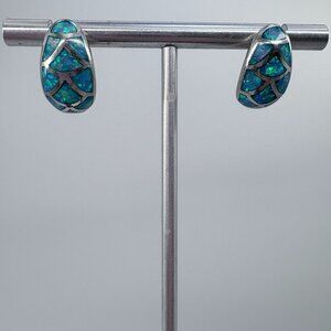 VTG Sterling Silver 925 Blue Opal Crescent Hoop Earrings Size 0.75" Length